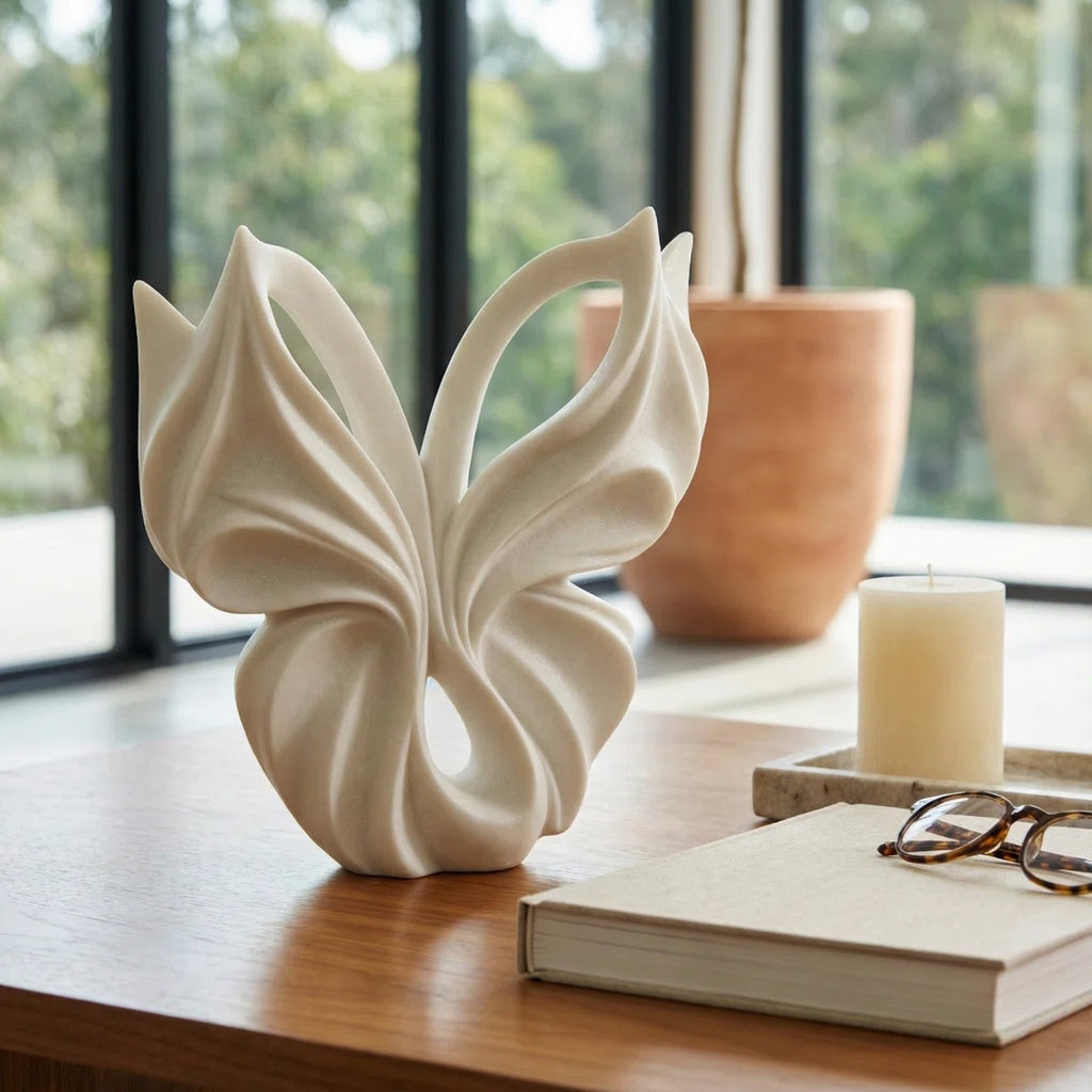 Decorative Butterfly Sculpture Object for Home Decor Display - Elegant Polyresin Figurine Statue Ideal Decoration for Living Room and Entryway - White