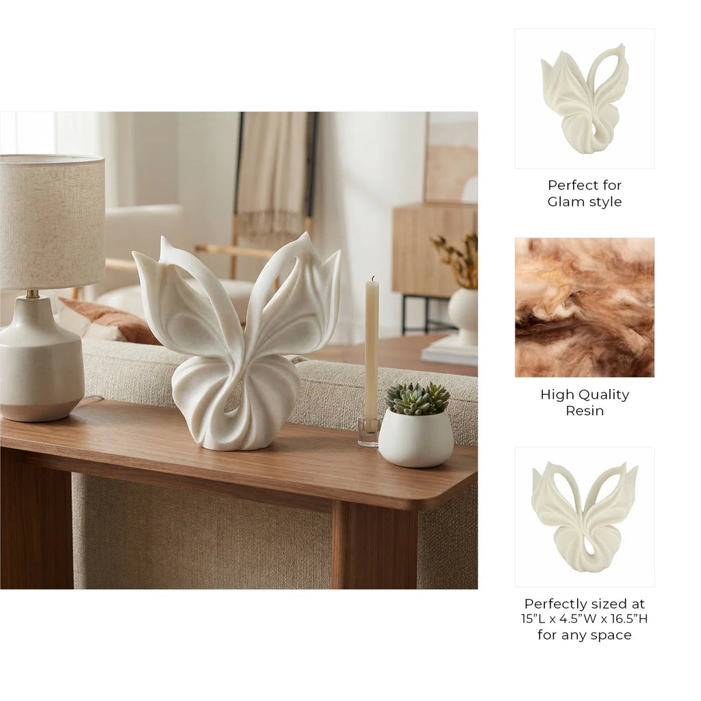 Decorative Butterfly Sculpture Object for Home Decor Display - Elegant Polyresin Figurine Statue Ideal Decoration for Living Room and Entryway - White